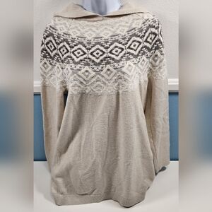 J Jill  Sweater Women’s Size M Fair Isle Knit 3/4 Sleeve Pullover Hooded Tunic